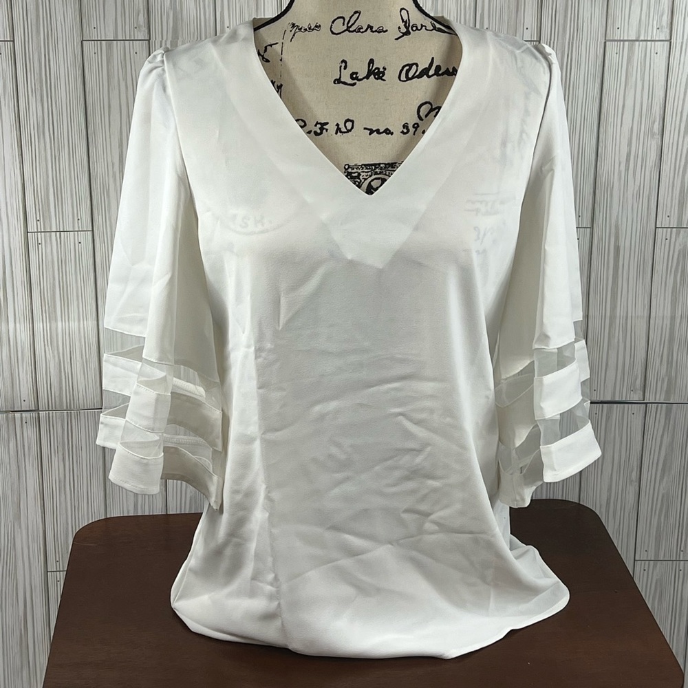 NWOT White Bell Sleeve with Sheer Stripes